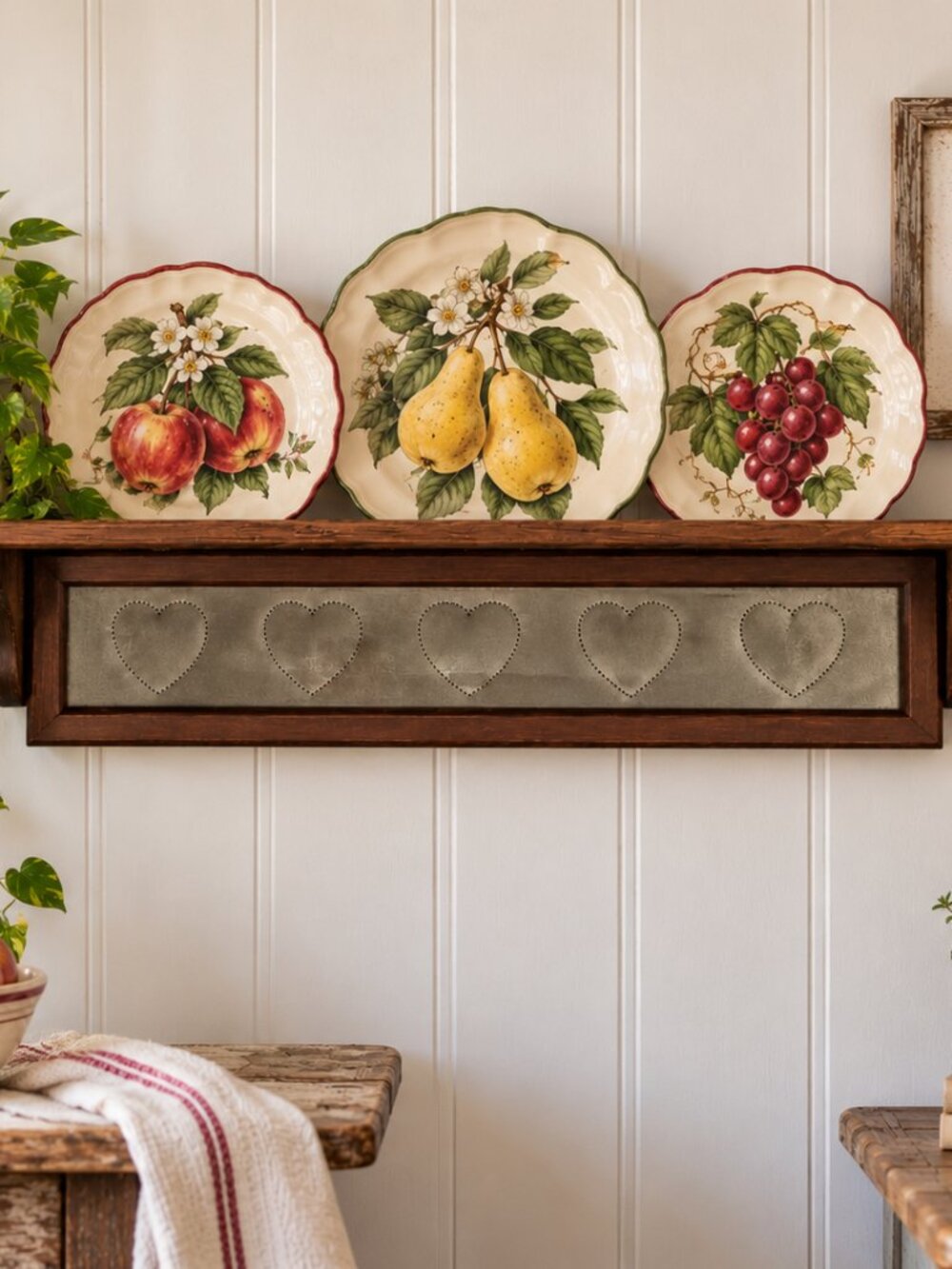 Vintage Farmhouse Wood Plate Display Shelf with Heart Tin Panel – 26